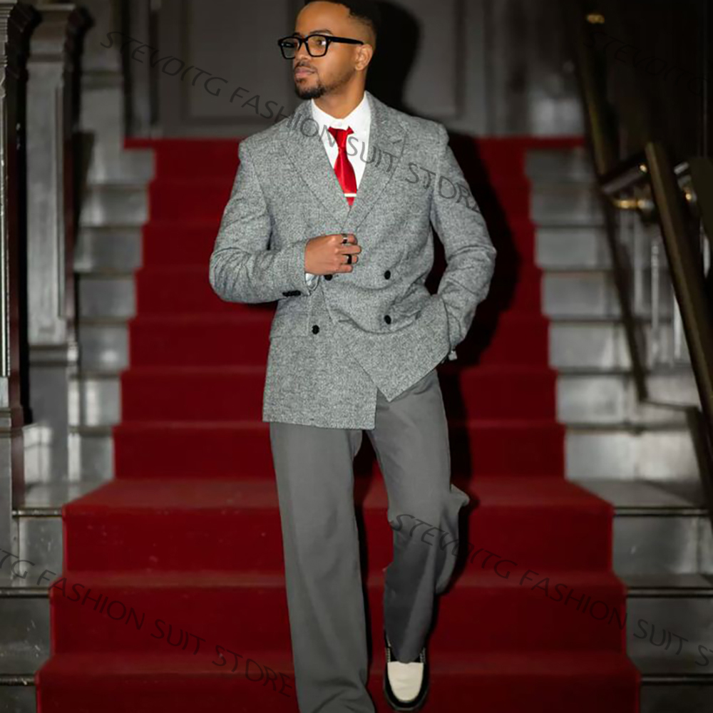 Men'S Formal Evening Wear - Мужской повседневный текстурированный серый двубортный костюм