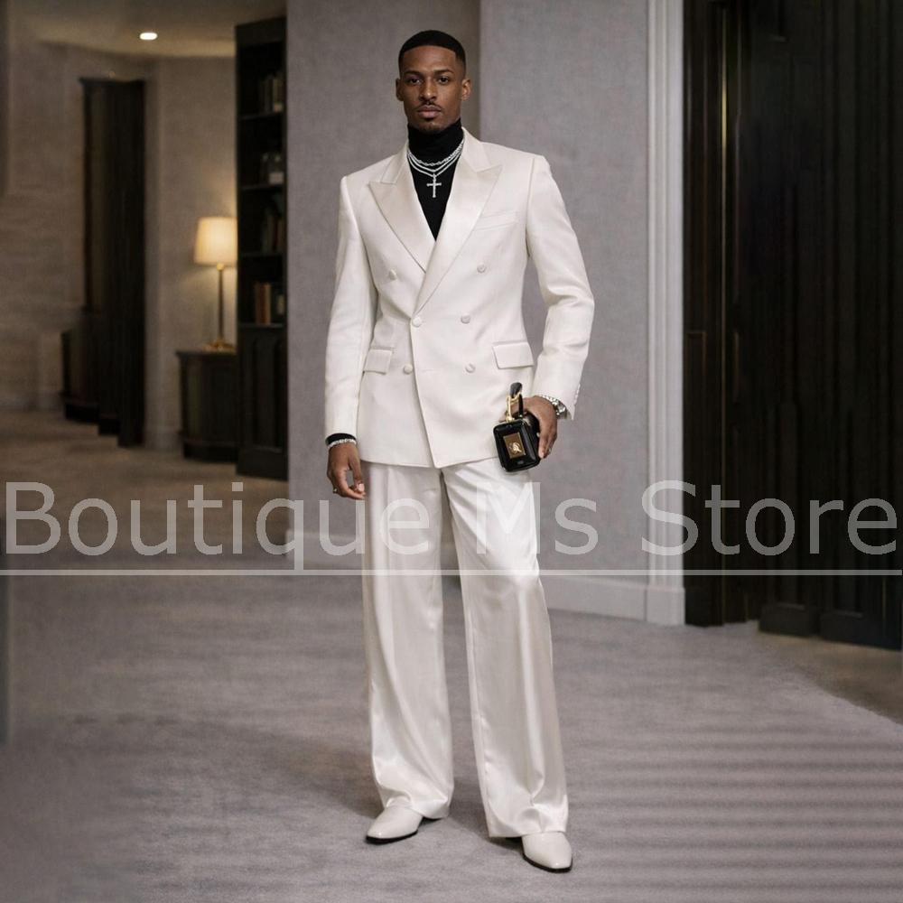 Men'S Formal Evening Wear - Мужской белый атласный костюм-двойка с двубортным