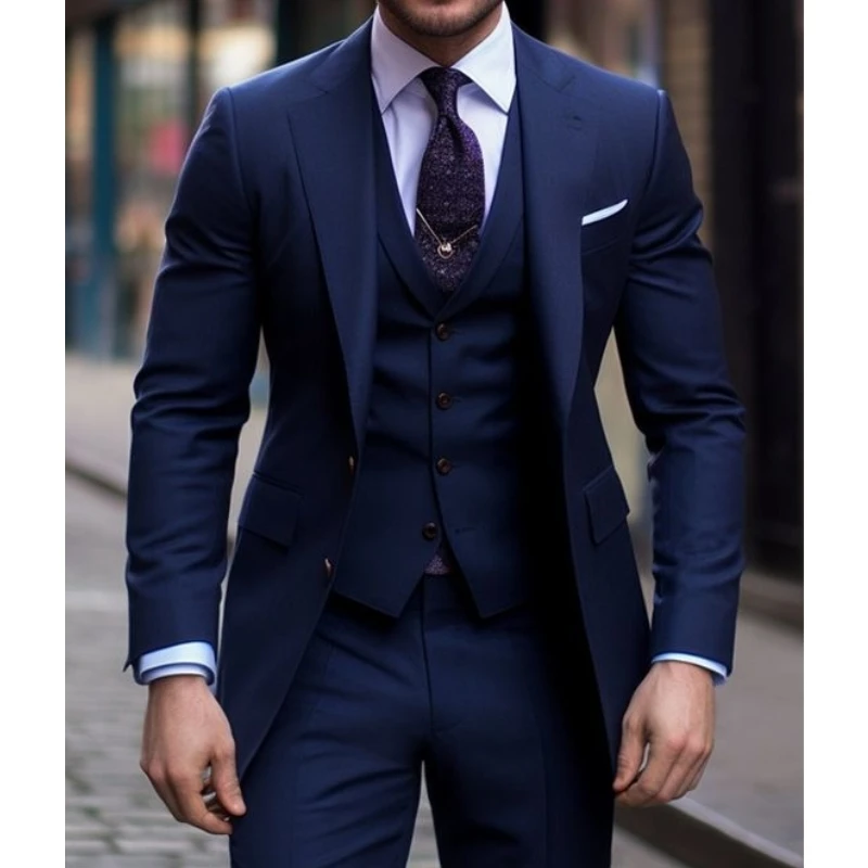 Men Formal Wear With Blazer - Темно-синий повседневный мужской костюм из 3