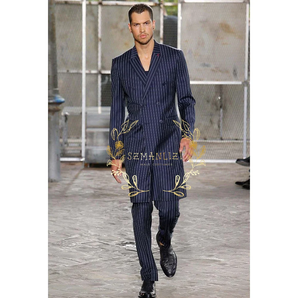 Men Formal Wear With Blazer - Мужской деловой костюм-двойка: темно-синий в полоску,
